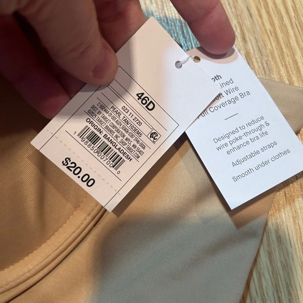 NWT Auden Smooth Lightly Lined Comfort Wire Full Coverage‎ Bra Tan 46D
